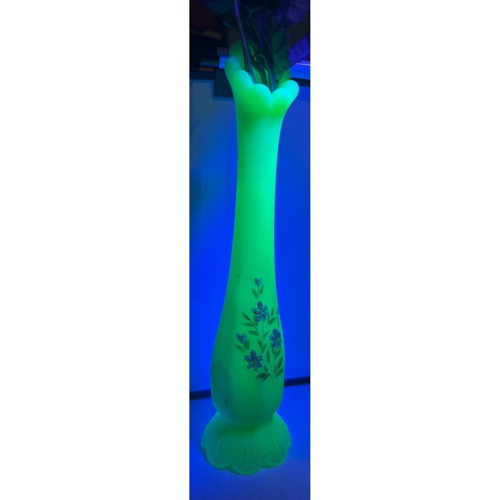 Vintage Uranium Custard Glass Bud Vase Hand Painted Floral L Clevenger 8.25"